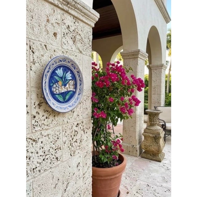 Blue Vintage Hand-Painted Mediterranean Ceramic Wall Plate - Bird & Tulip Motif For Sale - Image 8 of 12