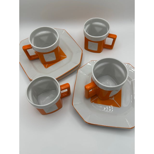 Ceramic 1950s Mid-Century Modern Trend by Nasco Geometric Orange and White Ceramic Mug and Saucer Set - 9 pcs For Sale - Image 7 of 11