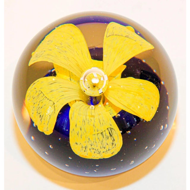 Murano Hand Blown Paperweight Yellow Flower With Blue Base Collectible Art Glass For Sale - Image 12 of 13