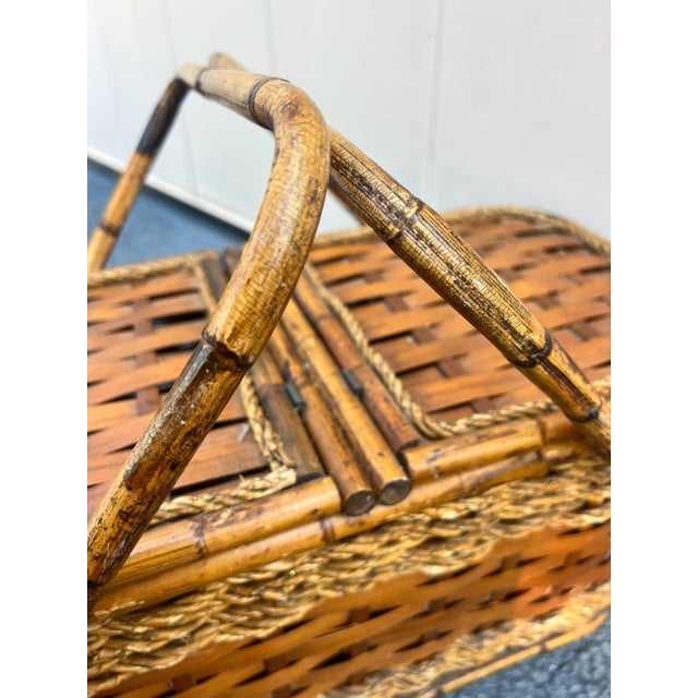 1970s 1970s Vintage Scorched Bamboo and Woven Wood Picnic Basket For Sale - Image 5 of 8