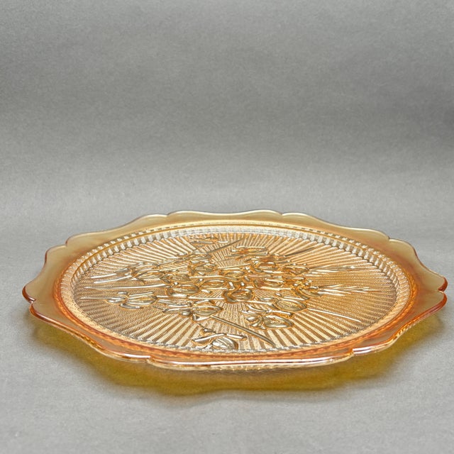 Mid-Century Modern Vintage Jeannette Glass “Iris and Herringbone” Marigold Carnival Glass Cake Plate For Sale - Image 3 of 6