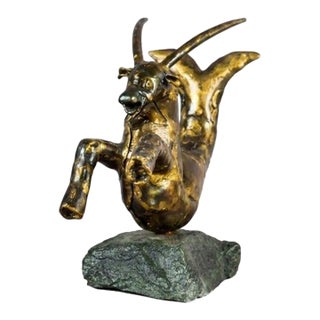 Bronze Capricorn Sculpture, Signed Faust 1994 — Mythical Zodiac Form on Stone Base For Sale