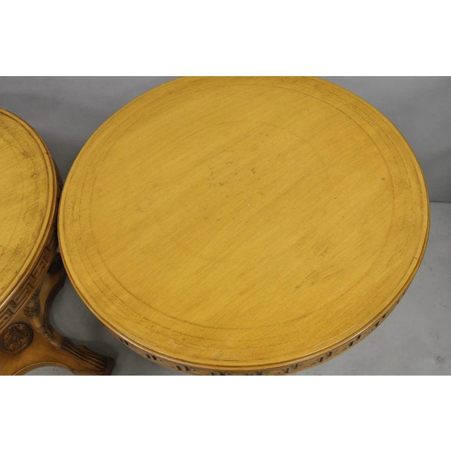 Vintage Italian Regency Round Leather Top Greek Key Carved Side Tables - A Pair For Sale In Philadelphia - Image 6 of 15