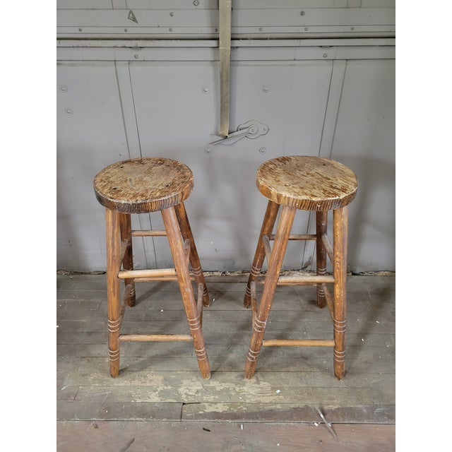 Farmhouse Antique Primitive Wooden Pub Stools For Sale - Image 3 of 11