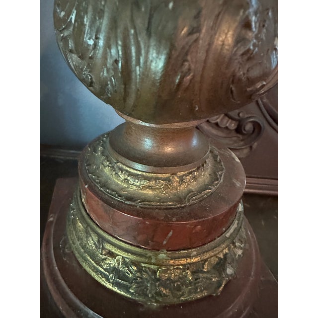 Metal 19th Century French Patinated Bronze Spelter and Rouge Griotte Marble Candelabras Garnitures Pair For Sale - Image 7 of 12