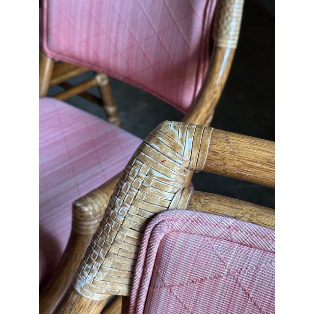 1980s McGuire All Arm Organic Modern Rattan and Leather Dining Chairs- Set of 6 For Sale - Image 9 of 12