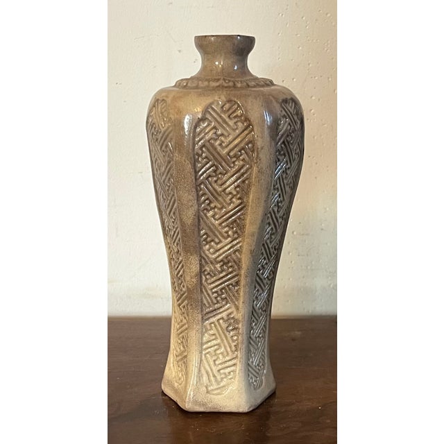 Ceramic Antique 19th Century Chinese Pottery Crackle Glaze Vase With Relief Chinoiserie Chippendale Fence Design For Sale - Image 7 of 12