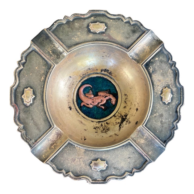 Art Deco 1920s Oscar Bach Bronze & Blue Enameled Ashtray, Lizard For Sale