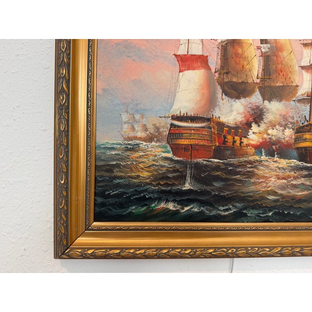 Vintage Oil Painting Naval Battle Ships Seascape Maritime Nautical Art Framed For Sale - Image 9 of 12