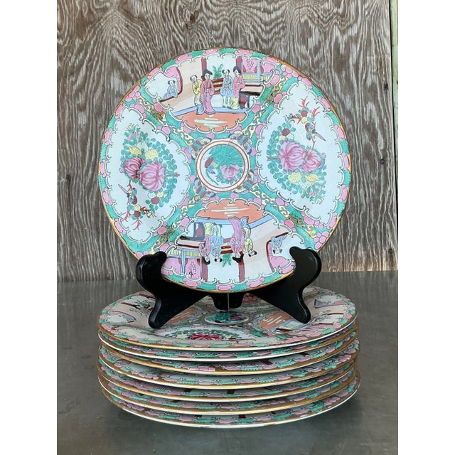 Asian Vintage Asian Rose Famile Dinner Plates - Set of 8 For Sale - Image 3 of 8