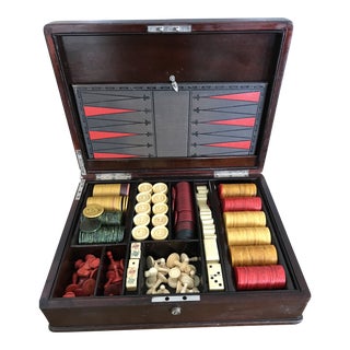 Antique Mahogany Gaming Chest With Bakelite Chips, Bovine Bone Dominoes, Chess/Checkers, and Dice For Sale