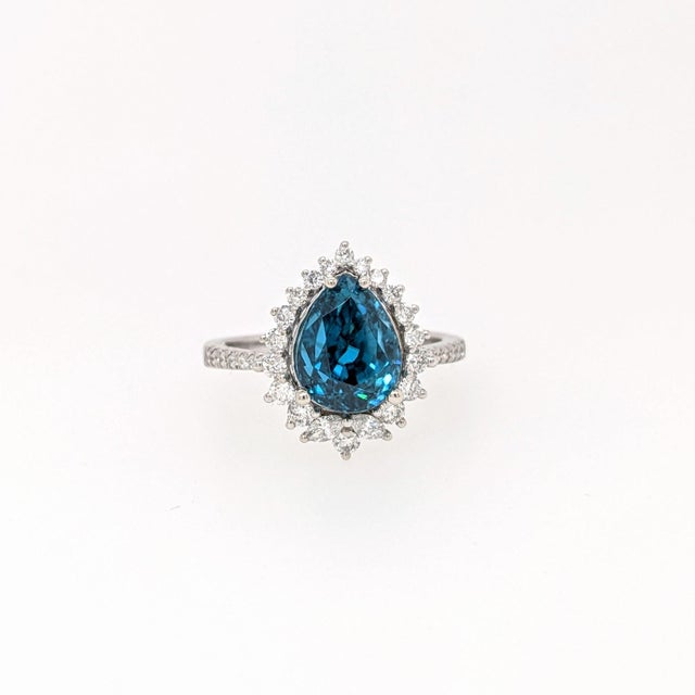 5ct Blue Zircon Ring With Diamond Accents: Solid 14k Gold, Pear Cut 10x8mm, Size 6.75 For Sale - Image 4 of 7