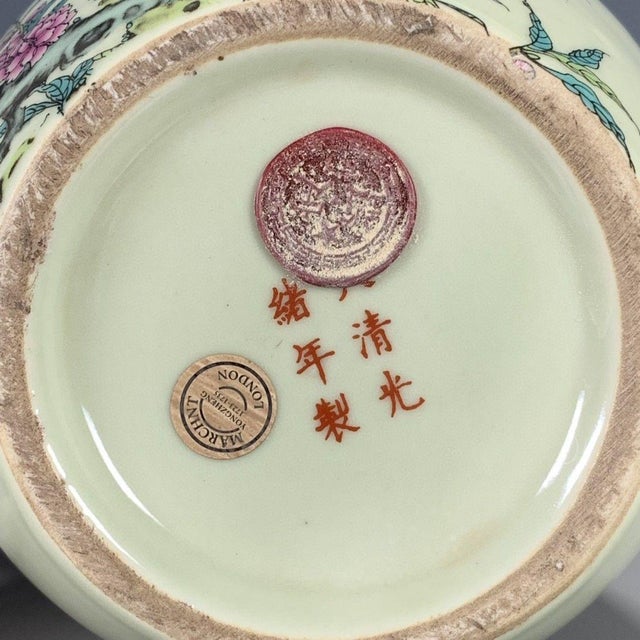 Vintage Chinese Celadon Famille Rose "Peaches & Bats" Jar With Marchant London Label For Sale - Image 4 of 9
