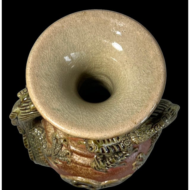 11+ In. Tall Vintage Japanese Tokoname-Yaki Style Pottery Vase Dark Green Glaze Dragon For Sale - Image 15 of 16