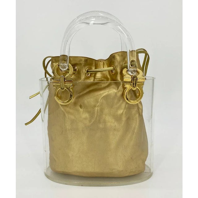 Contemporary Vintage Salvatore Ferragamo Ganchini Clear Acrylic Bucket Bag with Gold Pouch For Sale - Image 3 of 9