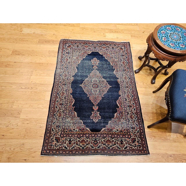 Vintage Persian Kashan Rug, Hand-Knotted Wool, Open Field Pattern, Navy & Ivory, 3x5 For Sale - Image 16 of 16