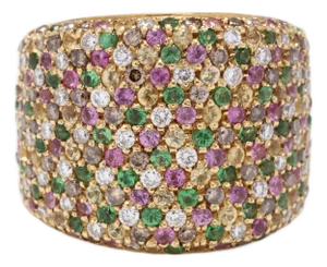 1.20ctw Wide Pave Diamond, Pink Sapphire, Tsavorite Garnet Band Ring, 18k Yg, Size 7.25