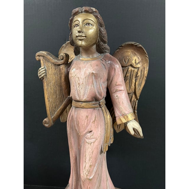 Vintage Hand Carved Wooden Stnading Angel Playing Lyre Instrument Sculpture For Sale - Image 4 of 8