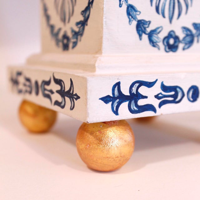 Pair of Neoclassical Painted Lamps, Cream With Blue Designs For Sale - Image 11 of 18