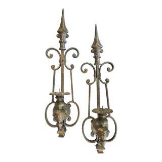 Vintage French Baroque Style Wrought Iron Candle Wall Sconces - a Pair For Sale