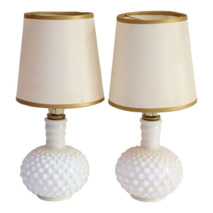 Pair of Petite Mid-Century Modern Hobnail Milk Glass Boudoir Bedside Table Lamps