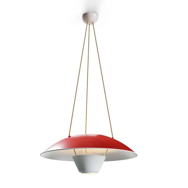 Michel Mortier M4 Suspension Lamp in Red for Disderot. Originally designed in 1952, this sculptural lamp is a newly...