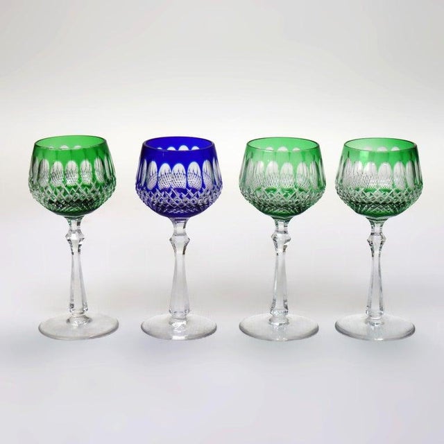 Four Antique Bohemian Cut To Clear Crystal Wine Stem Glasses: 3 Emerald & 1 Cobalt Blue C1910 Measures - 7 1/4" x 3 1/4" x...