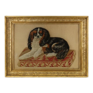 Large Framed 19th Century Folk Art Woolwork of a King Charles Spaniel on a Cushion For Sale