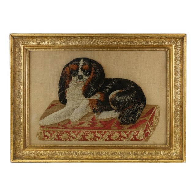 Large Framed 19th Century Folk Art Woolwork of a King Charles Spaniel on a Cushion For Sale