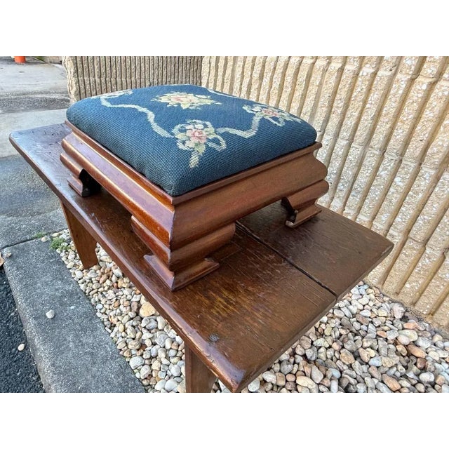 Antique American Empire Mahogany Flower Needlepoint Small Ottoman For Sale - Image 4 of 9