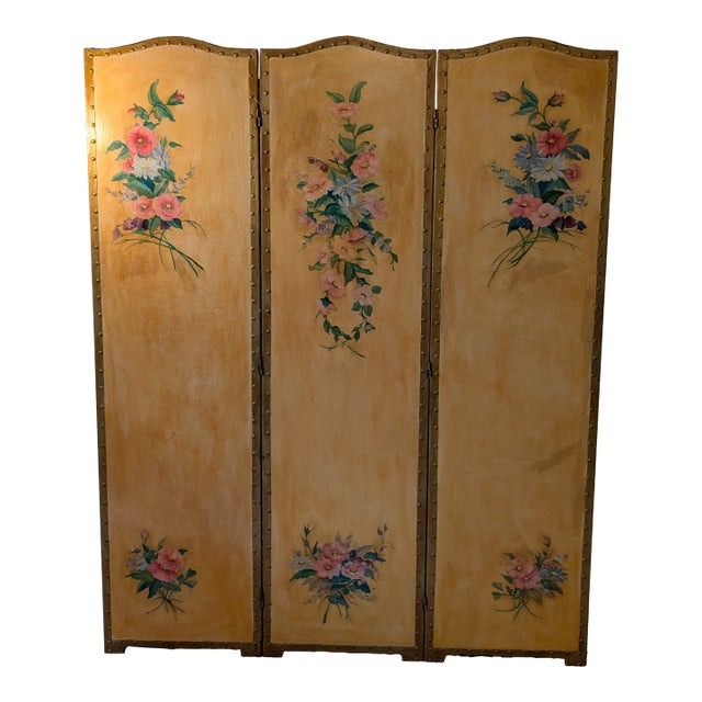 1940s Antique 3-Panel Gold Hand-Painted Decorative Room Divider/ Screen & Art Work For Sale
