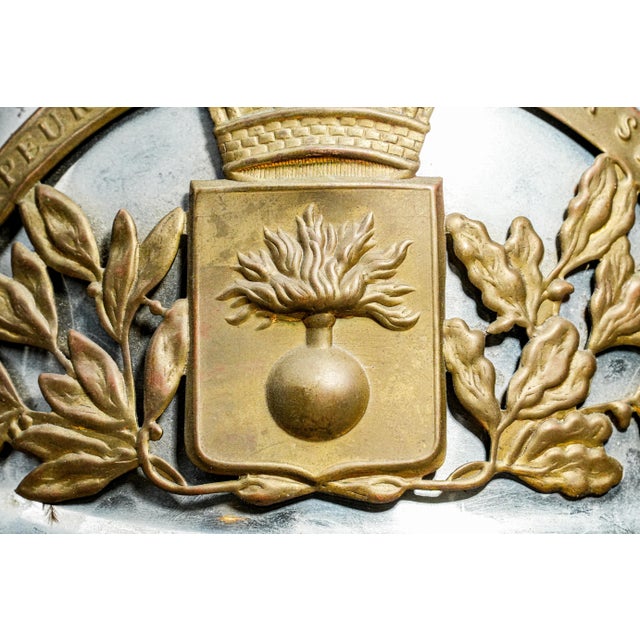 1900 - 1909 Fascinating Antique French France Fireman's Helmet Decorative Silver Tone Metal With Bronze Crest Home Decor For Sale - Image 5 of 11