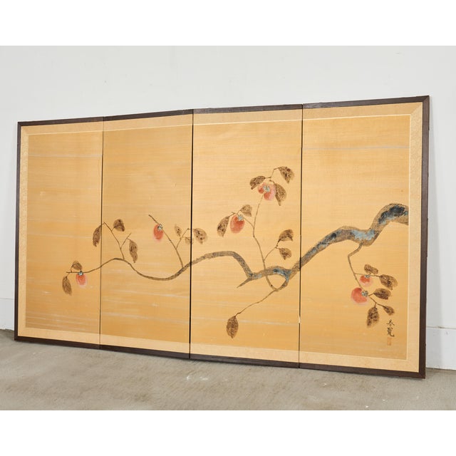Japanese Japanese Showa Four Panel Screen Persimmon Branch in Snow For Sale - Image 3 of 18