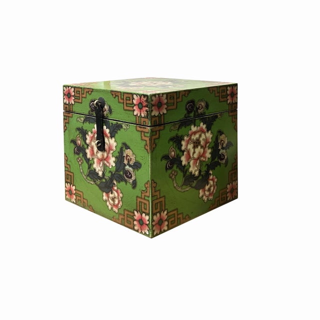 2020s Chinese Distressed Green Lotus Flower Graphic Square Shape Box For Sale - Image 5 of 5