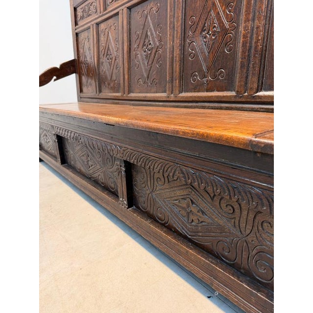 Wood Antique Carved Oak Monks Bench with Storage Chest For Sale - Image 7 of 8