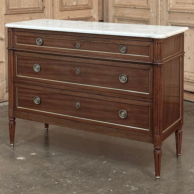 French Antique French Louis XVI Mahogany Commode With Carrara Marble For Sale - Image 3 of 17
