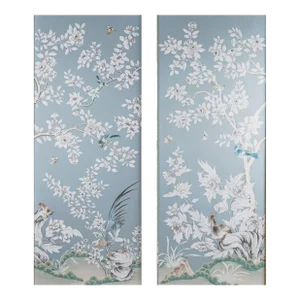 Set of 2 Panels French Blue Hand-Painted Chinoiserie Wall Artwork