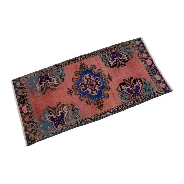 1970s Front of Kitchen Sink Rug Hand Made Small Turkish Rug Bath Mat Faded Mini Rugs 1'8" X 3'6" For Sale - Image 6 of 9