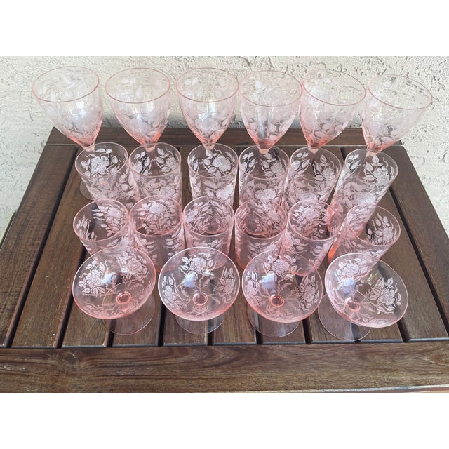 This collection of glassware features the Etch 740 Pink (Stem 3050) pattern by the Cambridge Glass Company. The pattern,...