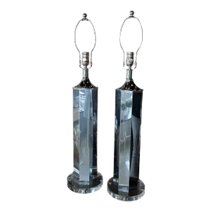 Vintage Italian Modern Chrome Table Lamps Lucite Base Newly Wired -A Pair