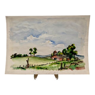 1940s Henry Emil Salloch Original Watercolor on Paper Pastoral Barn Landscape. For Sale