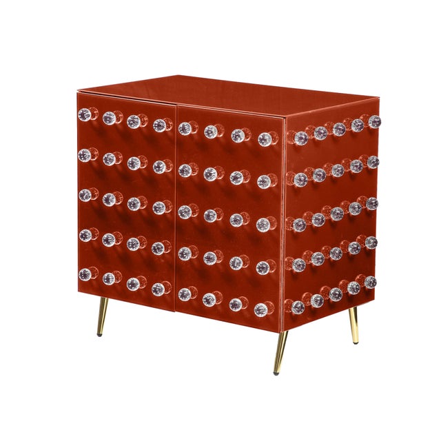This handcrafted Italian pantry cabinet features a mid-century modern design with orange panels and ninety glass spheres....