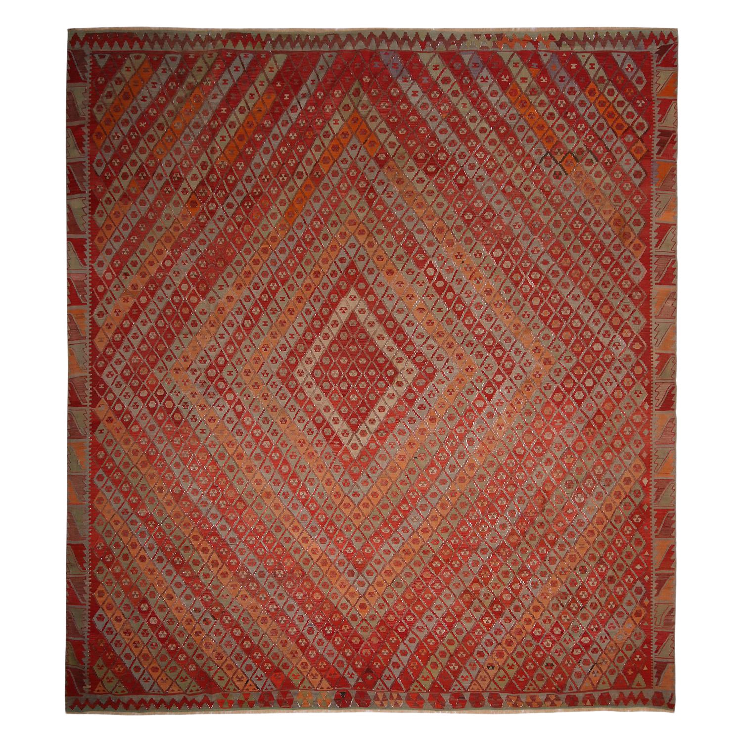 Vintage Mid Century Sarkisla Diamond Red Blue And Orange Wool Kilim Rug 9 6 11 3 Chairish