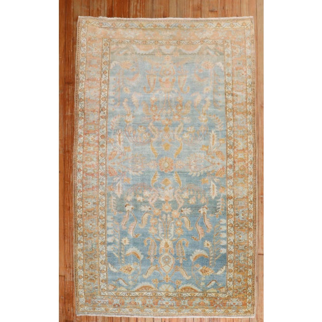 Spanish Early 20th Century Zabihi Collection Sky Blue Peach Persian Sarouk Accent Rug - 4'3" x 6'7" For Sale - Image 3 of 10