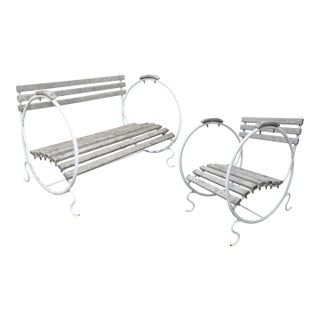 Vintage French Art Deco Style 2 Pc Metal & Wood Settee & Chair Outdoor Patio Set For Sale