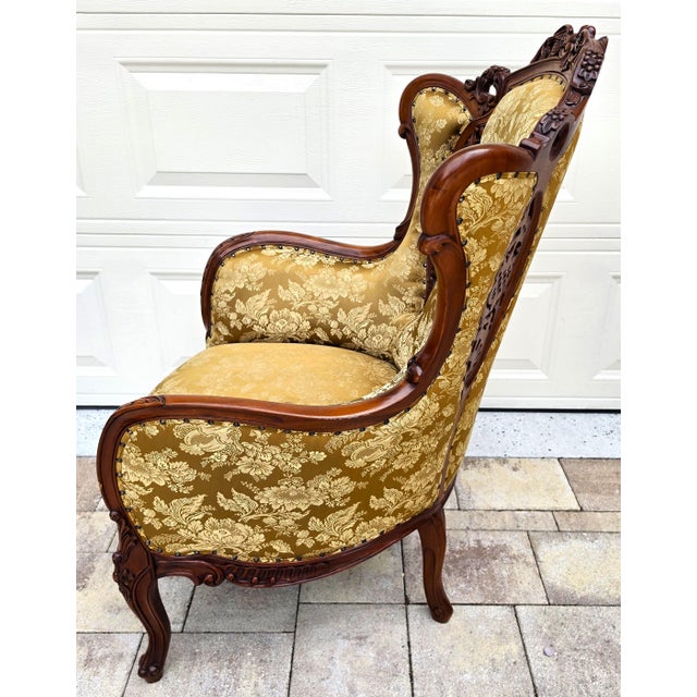 Victorian Rococo Revival Carved Bird Crest Music Room Wingback Armchair For Sale - Image 14 of 18