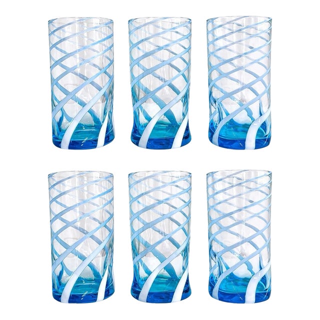 Blue Lagoon Swirl Italian Murano Glass Tumblers - Set of 6 For Sale