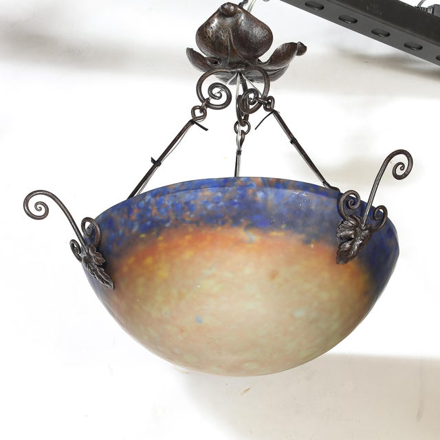 Art Deco Pâte De Verre Blue & Smoked Honey Glass Chandelier W/ Leaf Form Fitting For Sale - Image 15 of 18