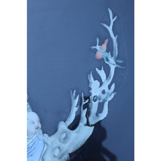 Mid-Century Chinese Black Lacquer Coffee Table With Hand-Painted Kutani Porcelain Immortals Relief For Sale - Image 11 of 18