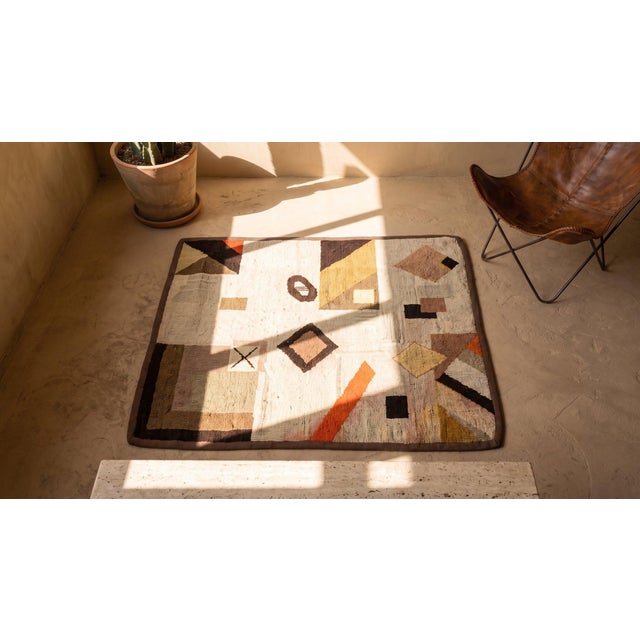 Cute Beige Background Color With Tiny Details Geometric Design Antique American Hooked Rug For Sale - Image 14 of 15